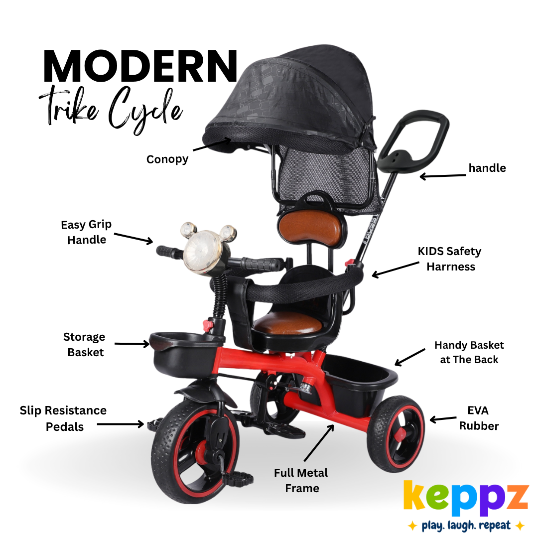 Keppz Premium Kids Tricycle with Canopy & Parent Handle  Foldable Baby Trike for 1.5 Years with Leather Seat & Storage Basket. - Keppz