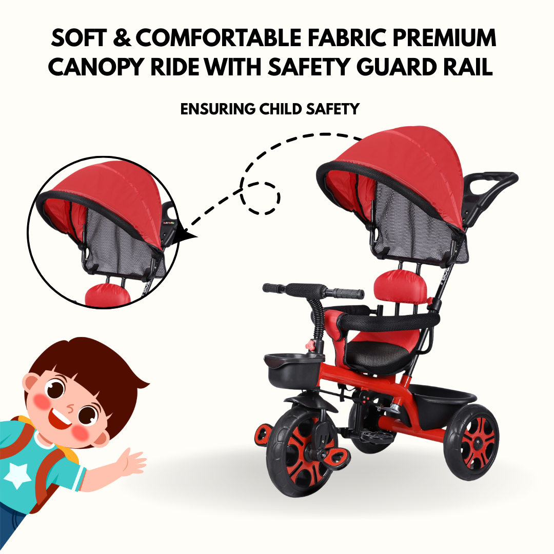 Keppz 4-in-1 Kids Tricycle with Canopy, Safety Harness & Parent Push Handle.