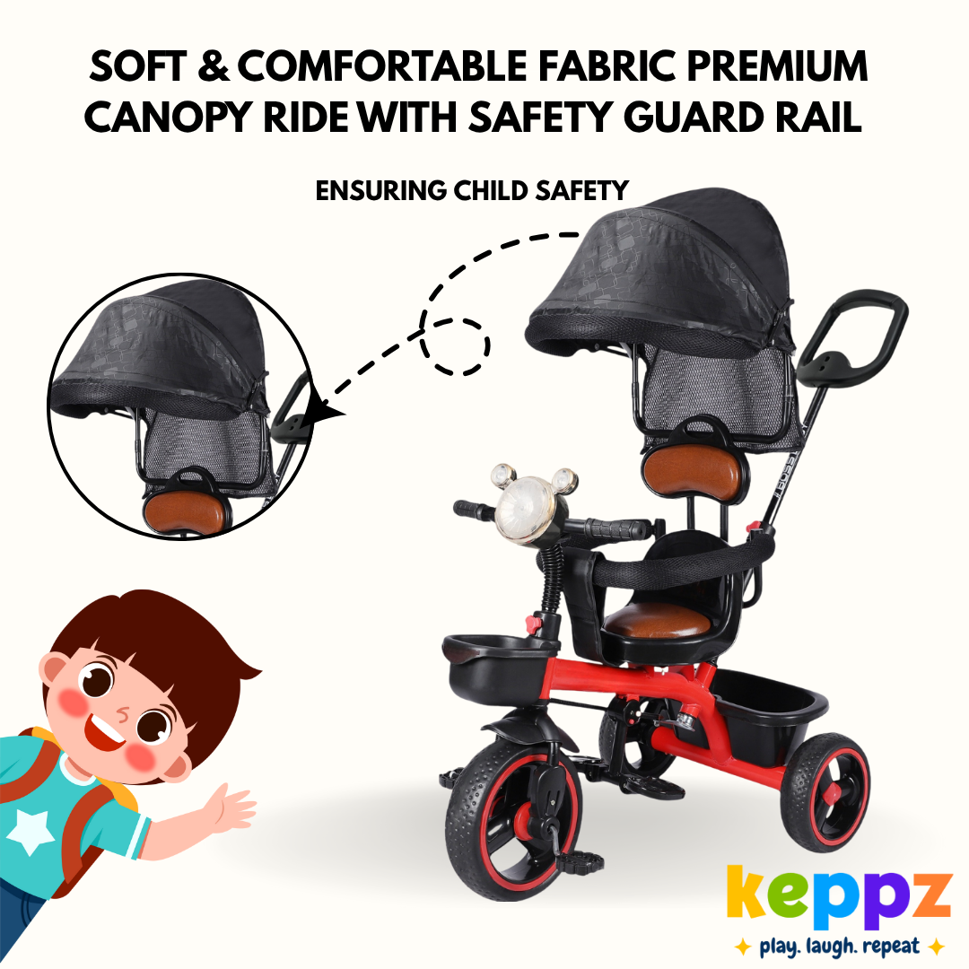 Keppz Premium Kids Tricycle with Canopy & Parent Handle  Foldable Baby Trike for 1.5 Years with Leather Seat & Storage Basket. - Keppz