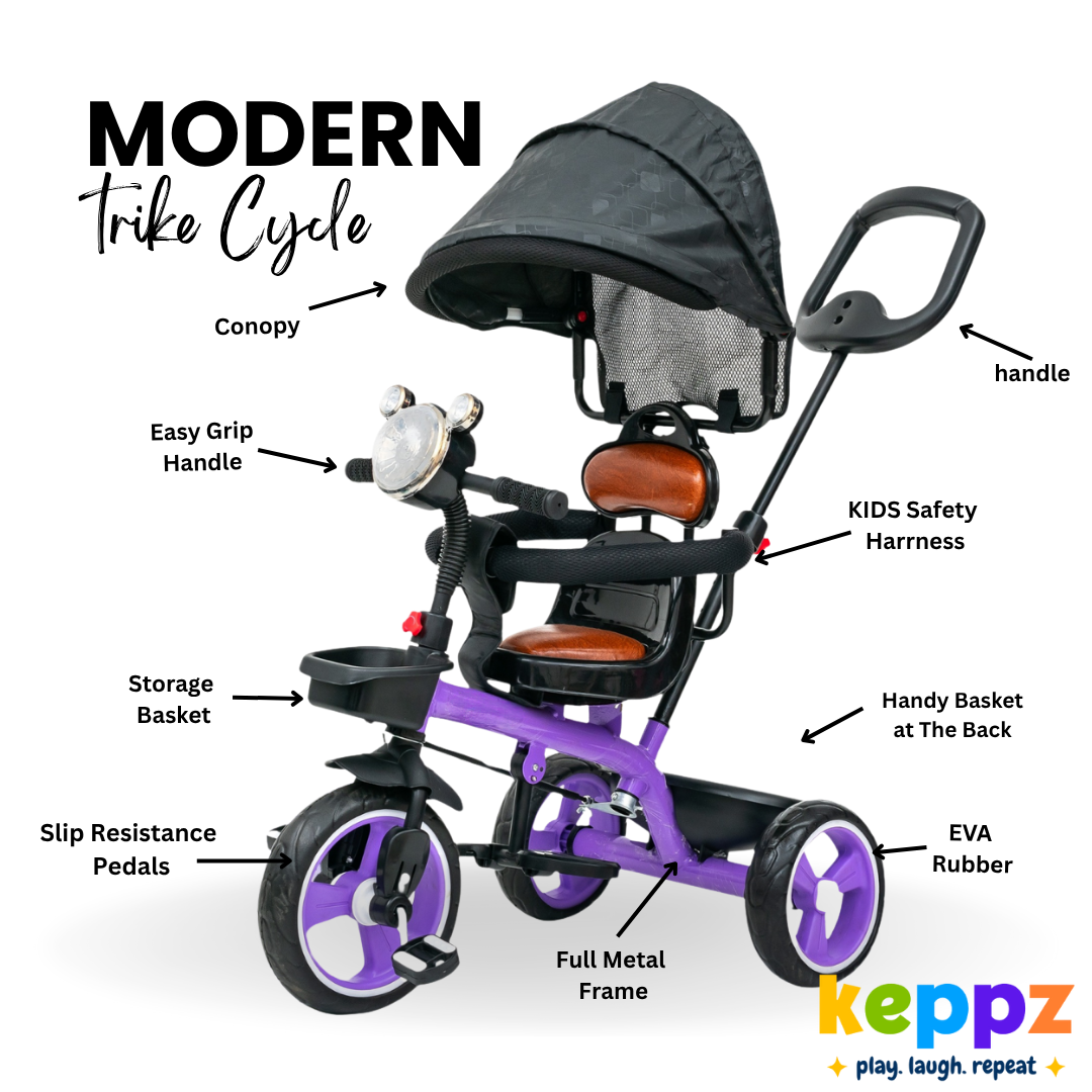 Keppz Premium Kids Tricycle with Canopy & Parent Handle  Foldable Baby Trike for 1.5 Years with Leather Seat & Storage Basket. - Keppz