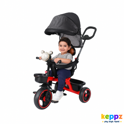Keppz Premium Kids Tricycle with Canopy & Parent Handle  Foldable Baby Trike for 1.5 Years with Leather Seat & Storage Basket. - Keppz