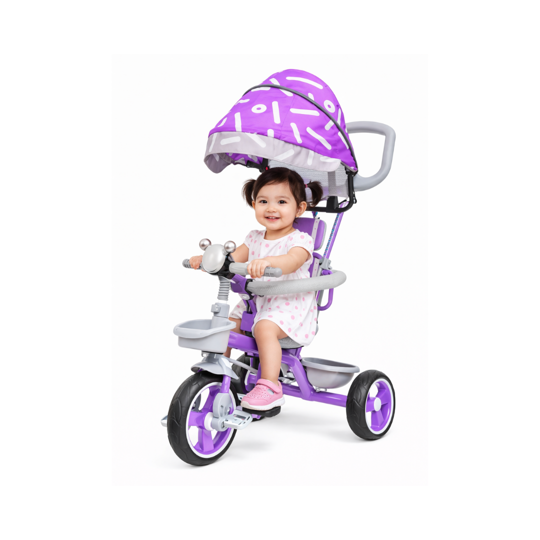 Keppz Stylish Kids Tricycle with Printed Canopy & Safety Belt  Baby Trike with Push Handle & Storage Basket for 1.5 Years.