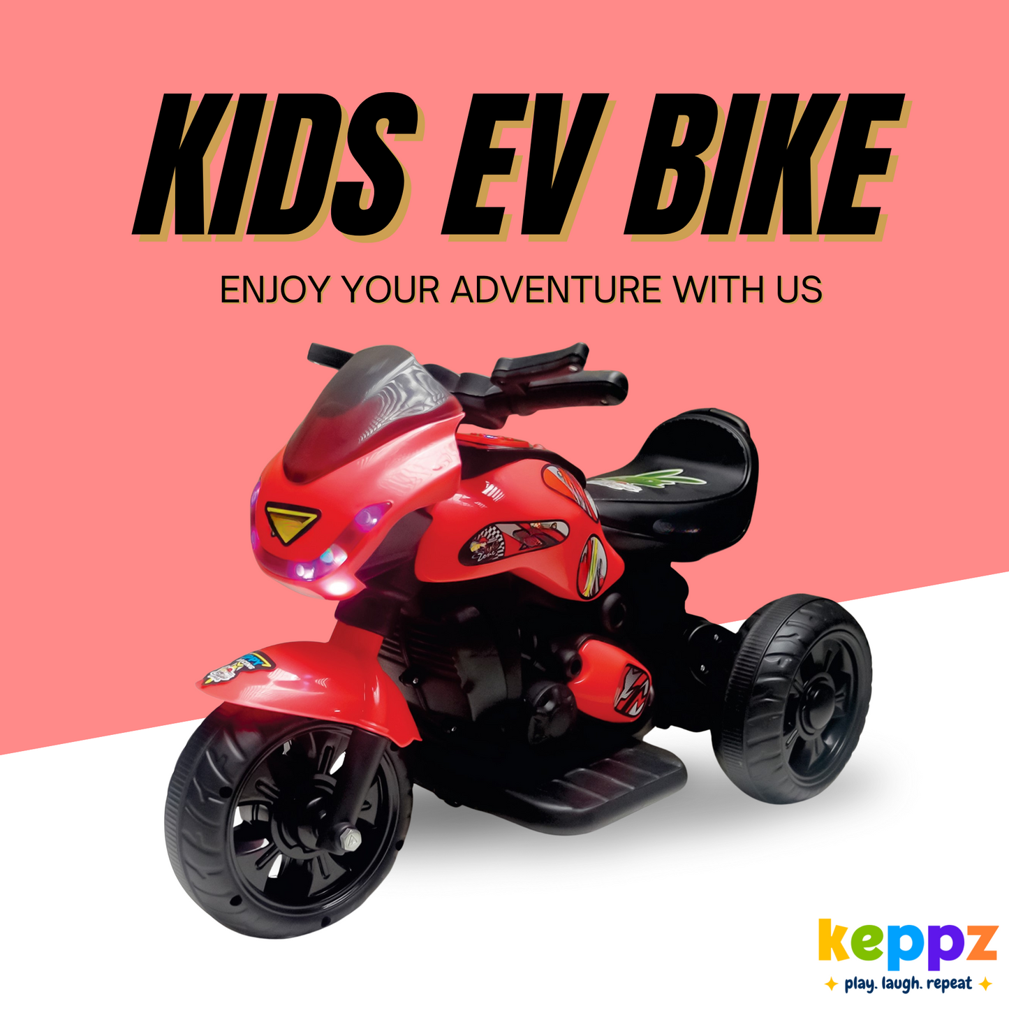 Keppz Electric Cartoon Ride-On Bike for Kids  Red with Music, Lights & Stickers. - Keppz
