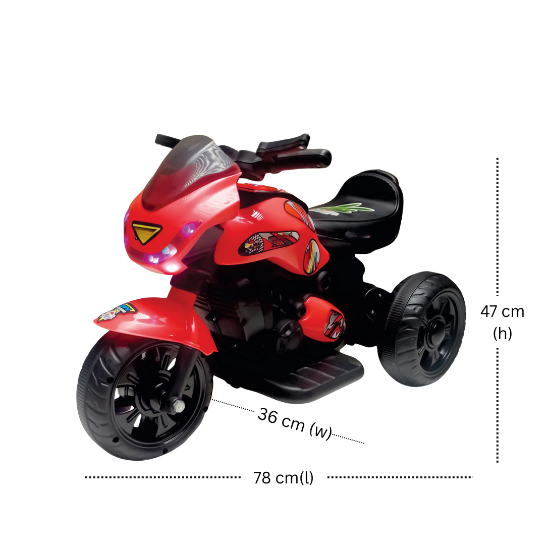 Keppz Electric Cartoon Ride-On Bike for Kids  Red with Music, Lights & Stickers.
