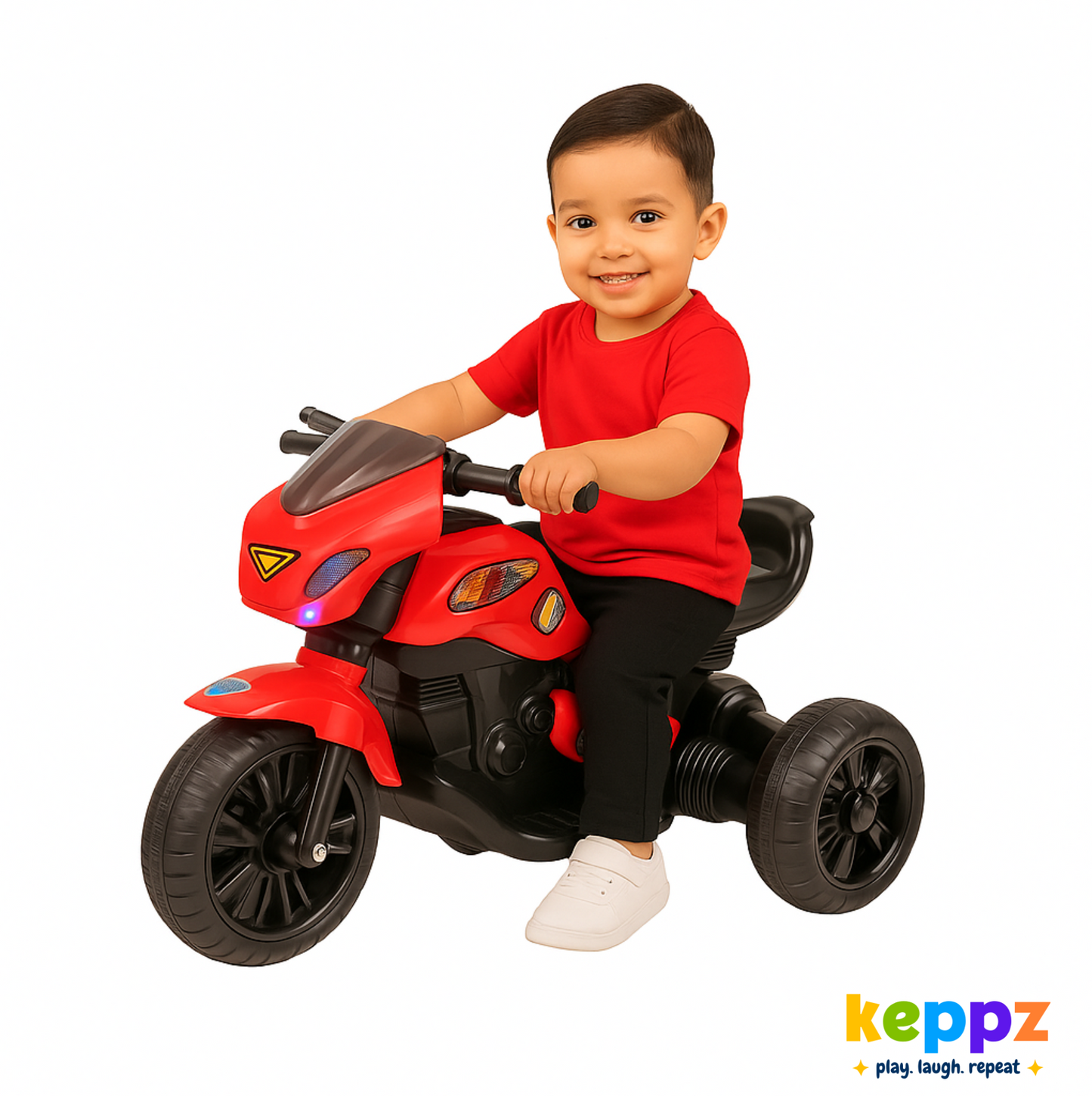 Keppz Electric Cartoon Ride-On Bike for Kids  Red with Music, Lights & Stickers. - Keppz