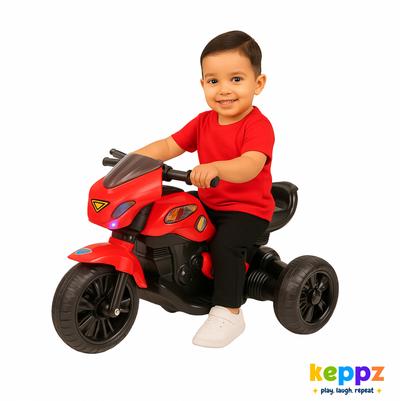Keppz Electric Cartoon Ride-On Bike for Kids  Red with Music, Lights & Stickers. - Keppz