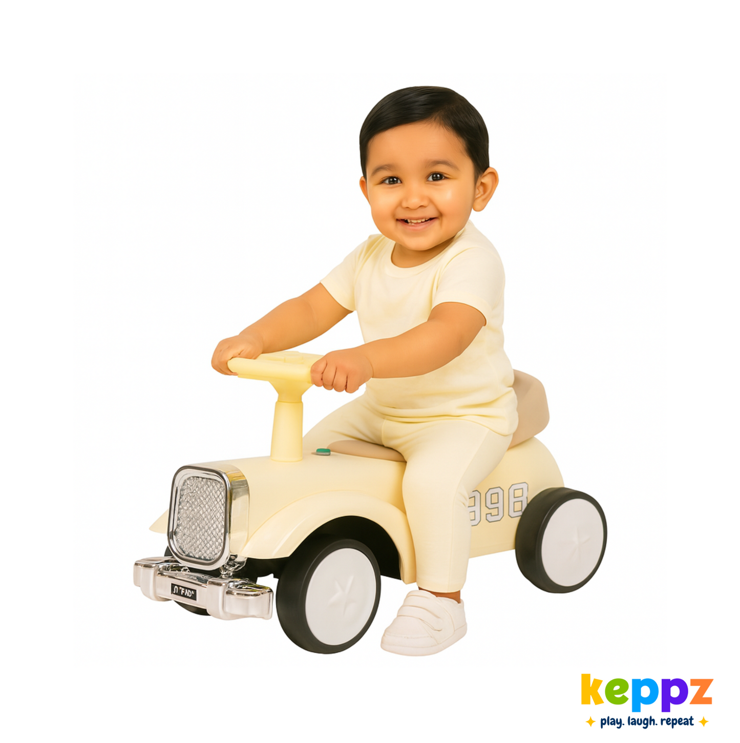 Keppz Vintage Ride-On Push Car for Kids  Classic Cream with Chrome Grille & Smooth Steering. - Keppz