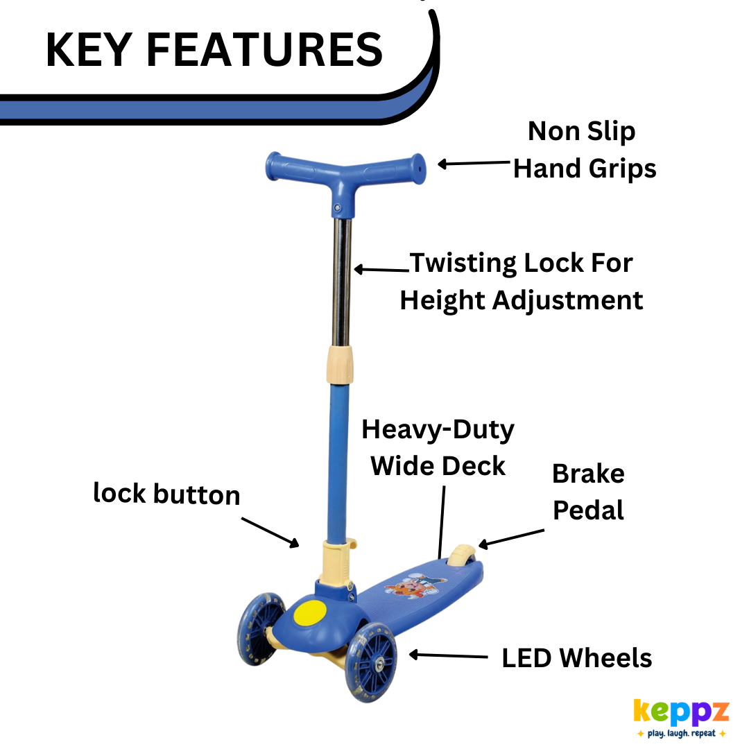 Keppz 3-Wheel Kick Scooter for Kids Adjustable Handle & Rear Brake. - Keppz