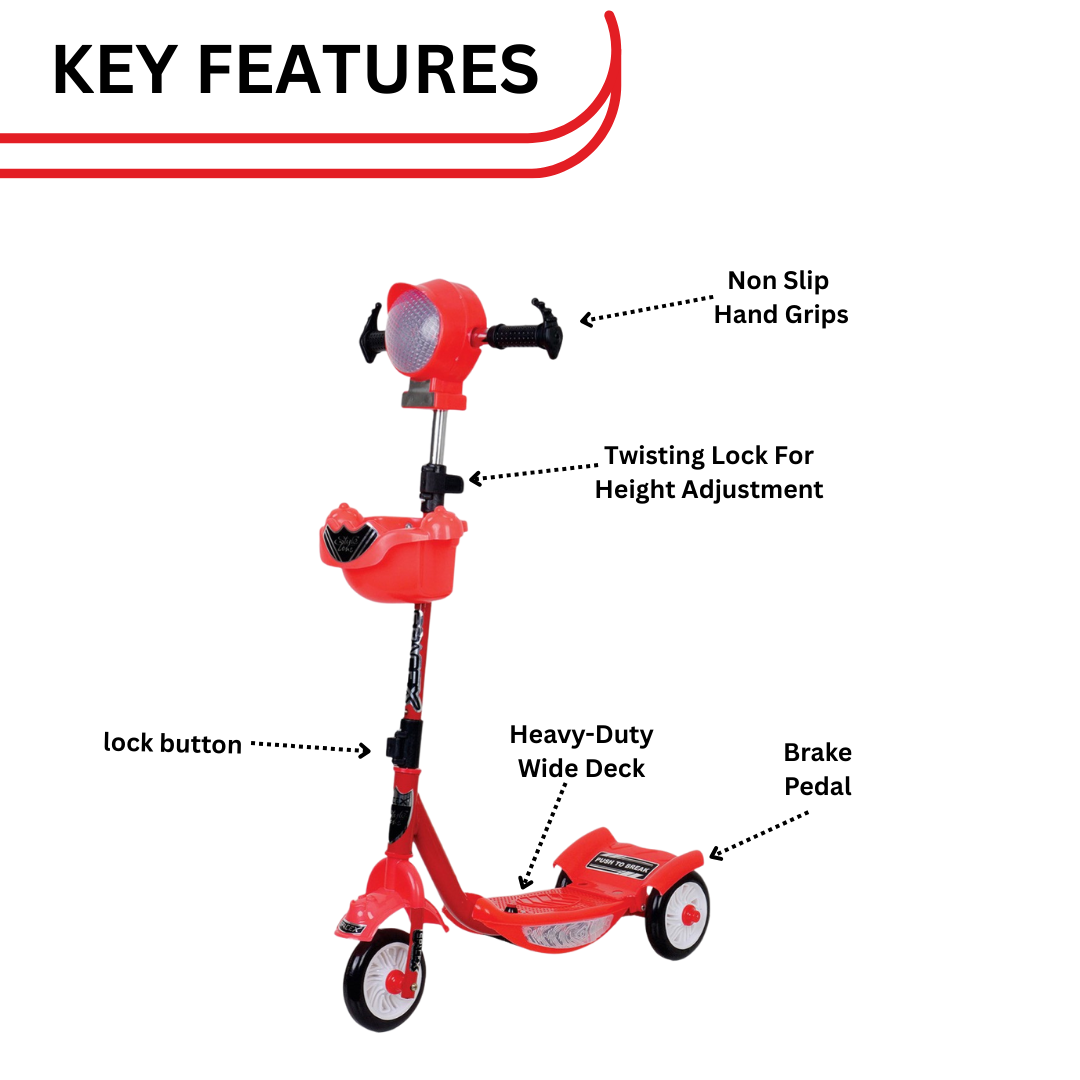 Keppz Red 3-Wheel Kids Scooter with Front Basket, LED Headlight & Adjustable Handle.