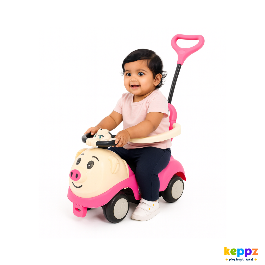 Keppz Piggy Push Ride-On Car for Kids with Handle   & Cream Foot-to-Floor Car with Safety Guard Rail - Keppz