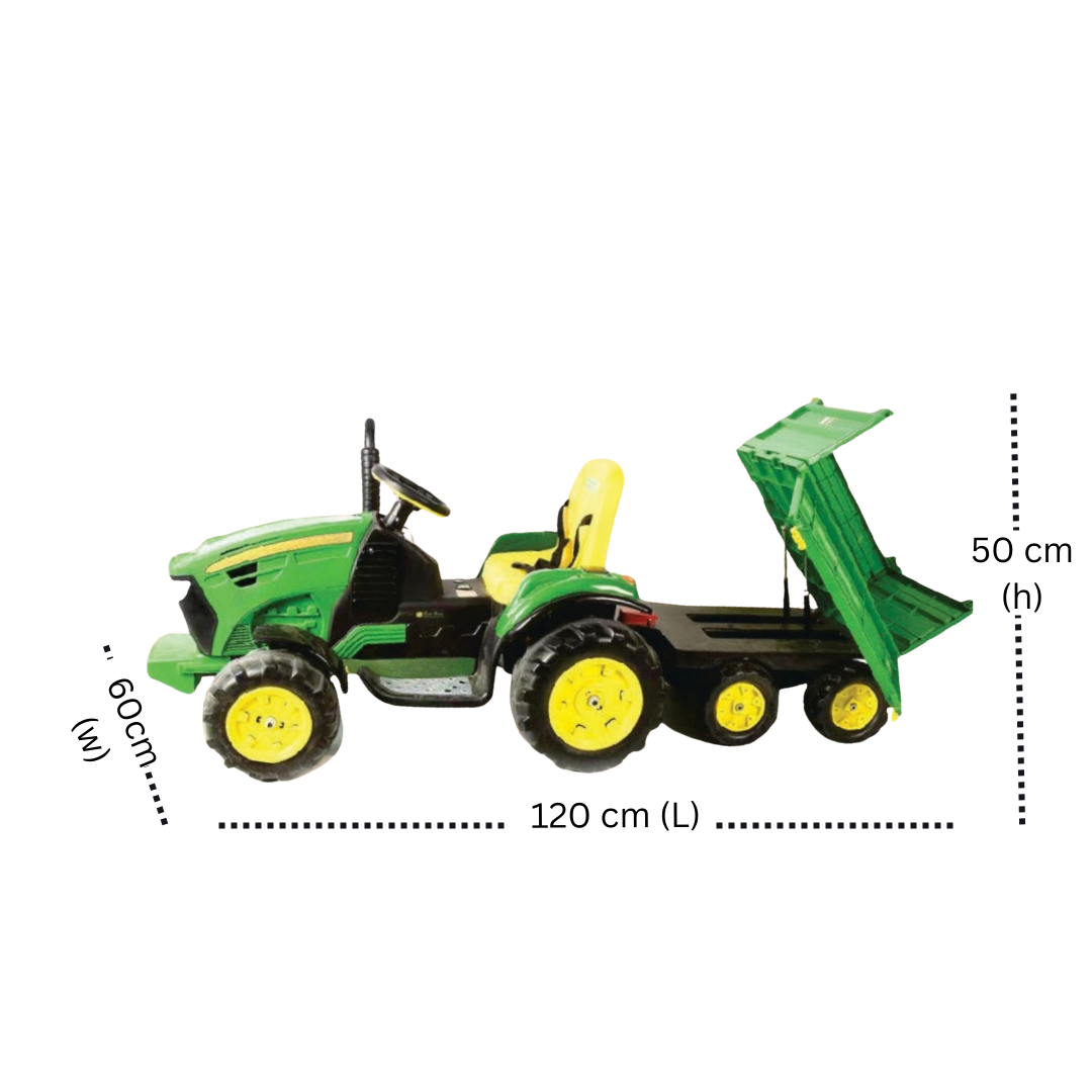 Keppz Kids Ride-On Tractor with Detachable Trailer, Steering Wheel, and Pedal Control.