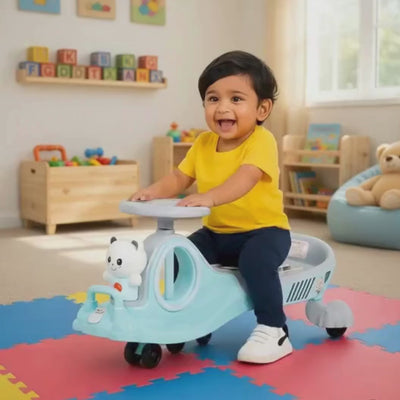 Keppz Musical Twist & Swing Car Ride-On for Kids Push and Pedal-Free Ride with Steering Wheel.