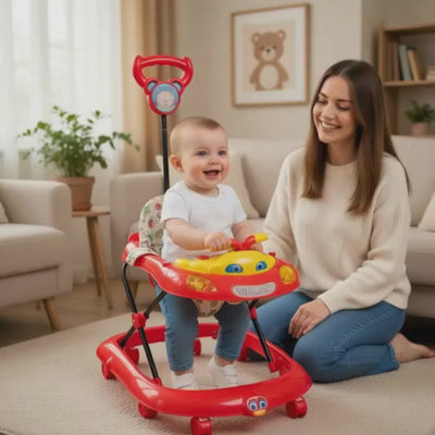 Keppz Baby Walker with Steering Wheel, Music & Push Handle  Fun Car-Themed Learning Walker (Red).