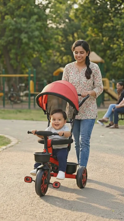 Keppz 4-in-1 Kids Tricycle with Canopy, Safety Harness & Parent Push Handle.