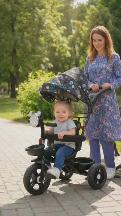 Keppz 4-in-1 Baby Tricycle with Headlight, Canopy, Safety Harness, and Push Handle.
