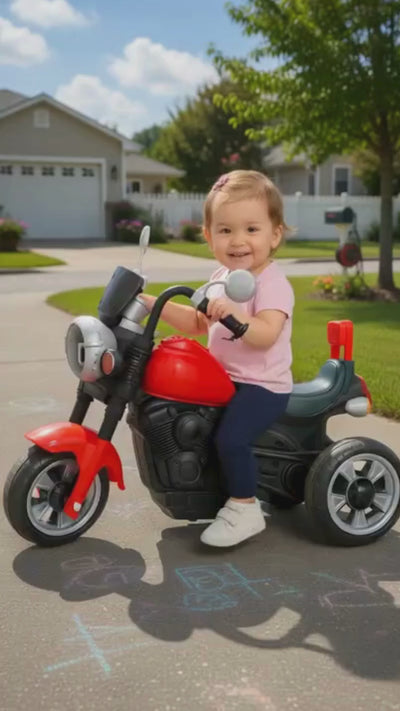 Keppz Harley-Style Rechargeable Electric Ride-On Bike for Kids, Three-Wheeler Toy with Foot Accelerator and Headlights