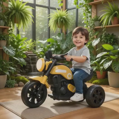Keppz Yellow Battery Operated Ride-On Bike for Kids  With Headlight, Music & 3-Wheel Support.