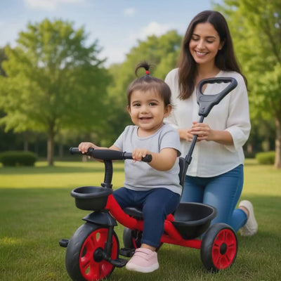Keppz Lightweight Baby Tricycle with Push Handle and Storage Basket.