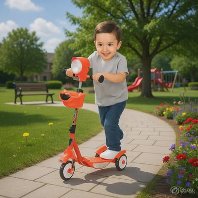 Keppz Red 3-Wheel Kids Scooter with Front Basket, LED Headlight & Adjustable Handle.