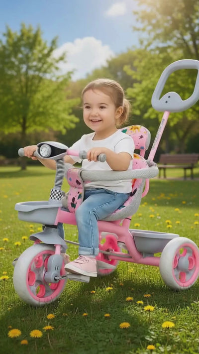 Keppz Cute Baby Tricycle for Kids Adjustable Handle, Storage Basket & Cushioned Seat.