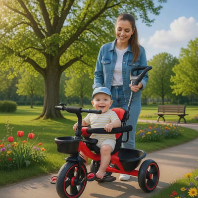 Keppz Cushioned Kids Tricycle with Backrest & Push Handle Baby Trike for 1.5 Years with Storage Basket & Safety Belt